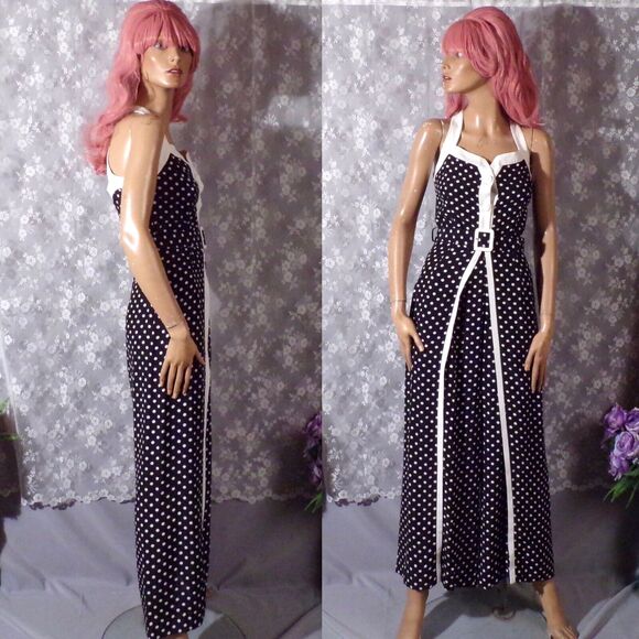 Cache Pants - Cache Vintage 90s Jumpsuit 1990s Black & White Polka Dot Wide Leg Size Small